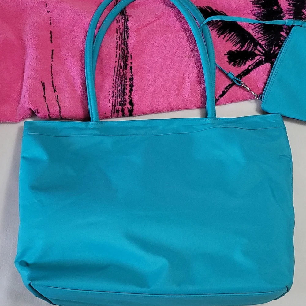 NEW Large Canvas Beach Tote Bag Butterfly Summer Living Turquoise Blue 2pc set